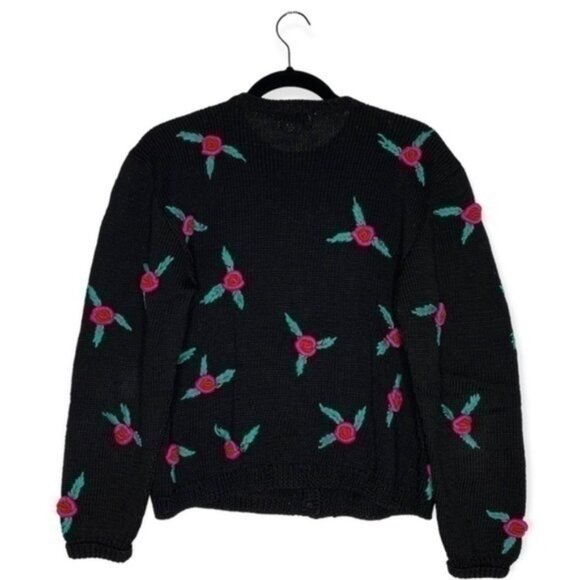 Vintage 80s Roberta Frost hand knit by Woolart black rose knit cardigan - Picture 2 of 10